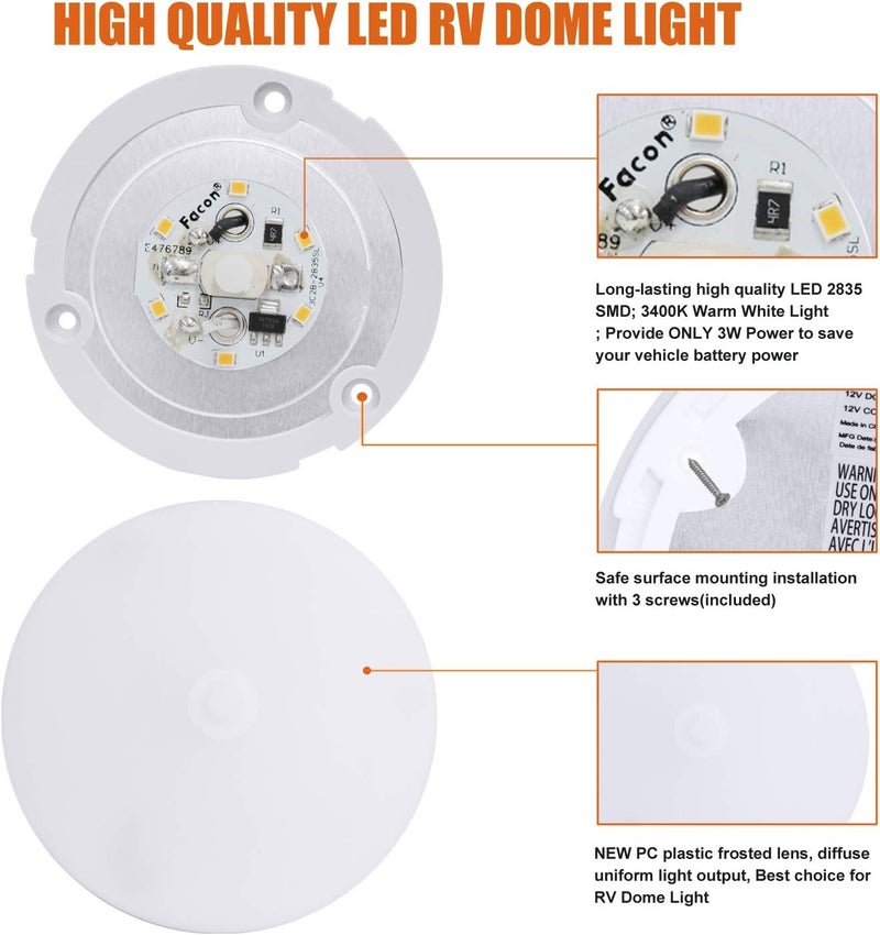 FACON 2-Pack Ultra Slim 3.5'' 12V RV Puck Lights w/Switch, SY-SM35 3400K Warm White LED Interior Lights for RVs, Camper Van, Boats, 12V Dome Light Fixture – cETL Certified - Image 4